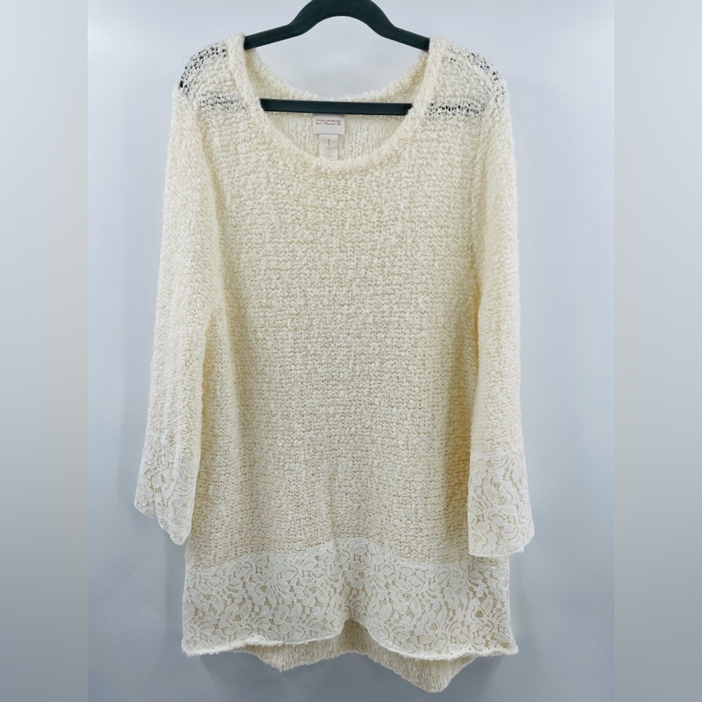 Chicos Buttercream Open Knit Lace Trim High Low Hem Wool Blend Pullover Sweater